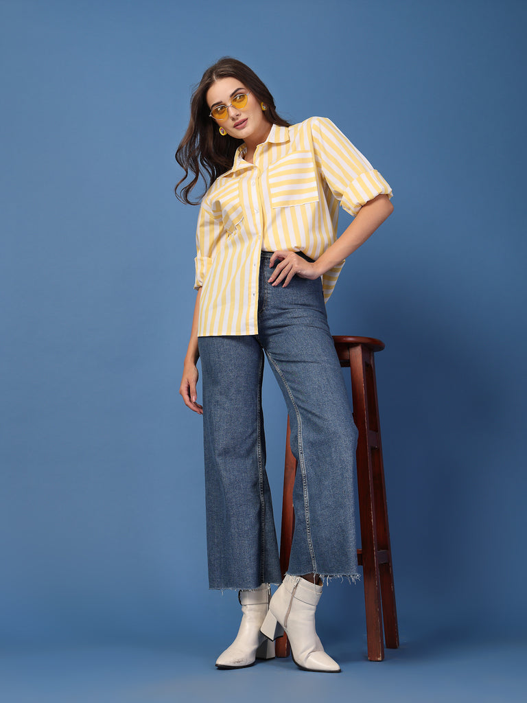 Style Quotient Womens Yellow and White Stripe Shirt-Shirts-StyleQuotient