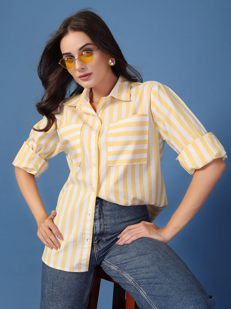 Style Quotient Womens Yellow and White Stripe Shirt-Shirts-StyleQuotient