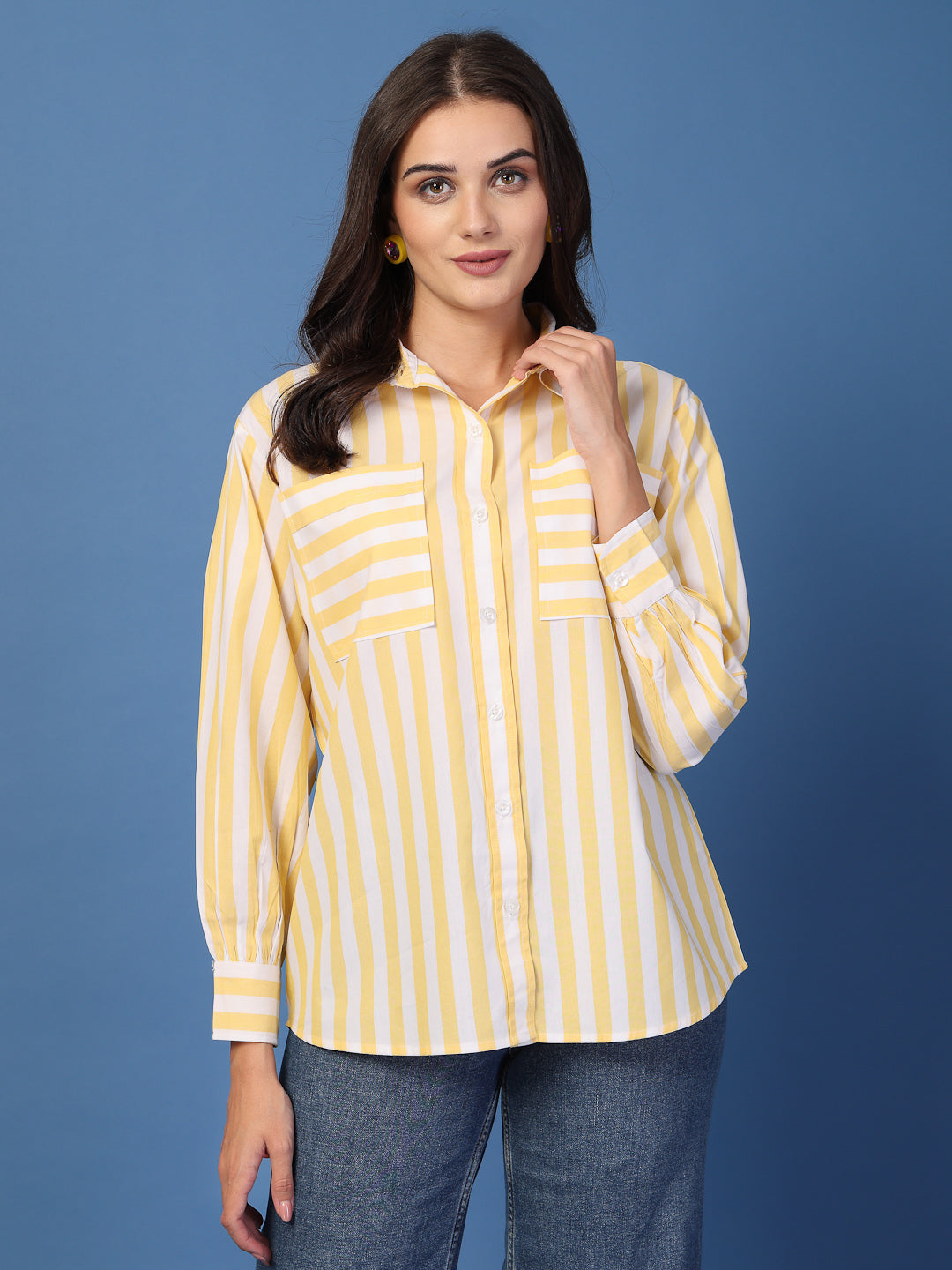 Style Quotient Womens Yellow and White Stripe Shirt-Shirts-StyleQuotient