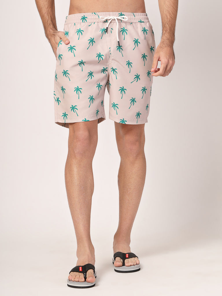 Style Quotient Men Beige And Green Conversational Print Polyester Regular Swim Shorts-Men's swimwear-StyleQuotient