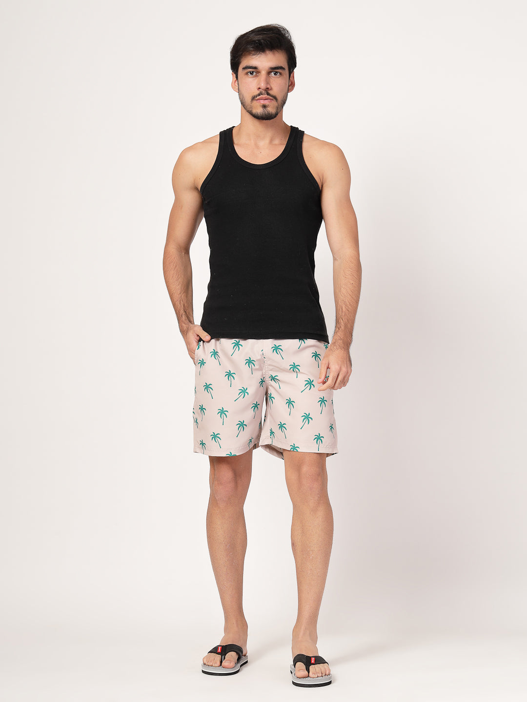 Style Quotient Men Beige And Green Conversational Print Polyester Regular Swim Shorts-Men's swimwear-StyleQuotient