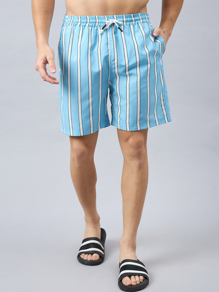 Style Quotient Men Light Blue Stripe Print Polyester Regular Swim Shorts-Men's swimwear-StyleQuotient