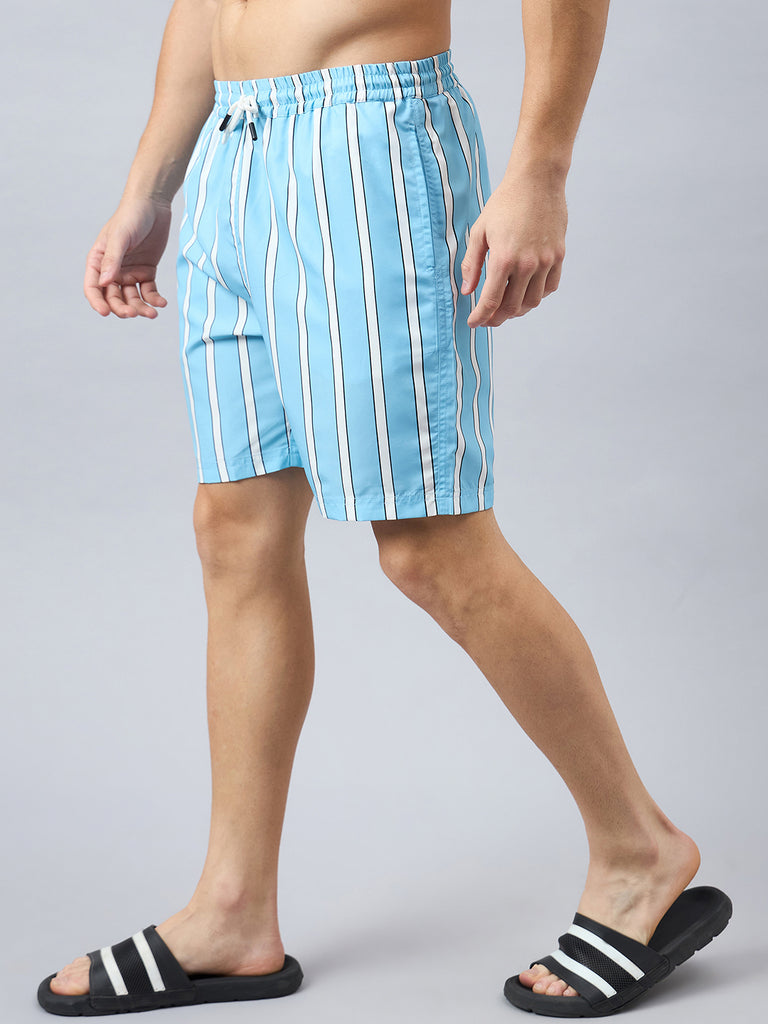 Style Quotient Men Light Blue Stripe Print Polyester Regular Swim Shorts-Men's swimwear-StyleQuotient