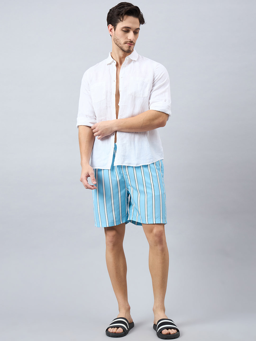 Style Quotient Men Light Blue Stripe Print Polyester Regular Swim Shorts-Men's swimwear-StyleQuotient