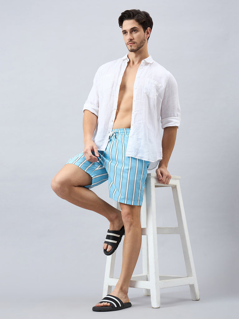 Style Quotient Men Light Blue Stripe Print Polyester Regular Swim Shorts-Men's swimwear-StyleQuotient