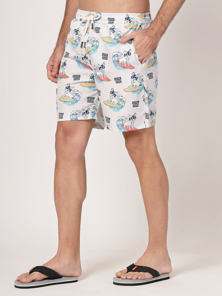 Style Quotient Men Off White And Multi Conversational Print Polyester Regular Swim Shorts-Men's swimwear-StyleQuotient