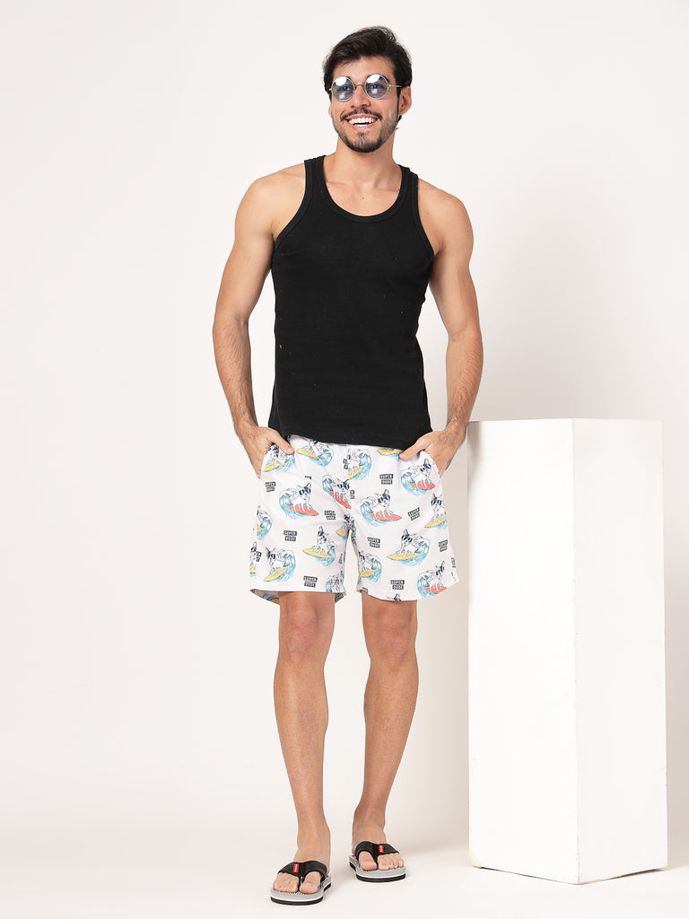 Style Quotient Men Off White And Multi Conversational Print Polyester Regular Swim Shorts-Men's swimwear-StyleQuotient