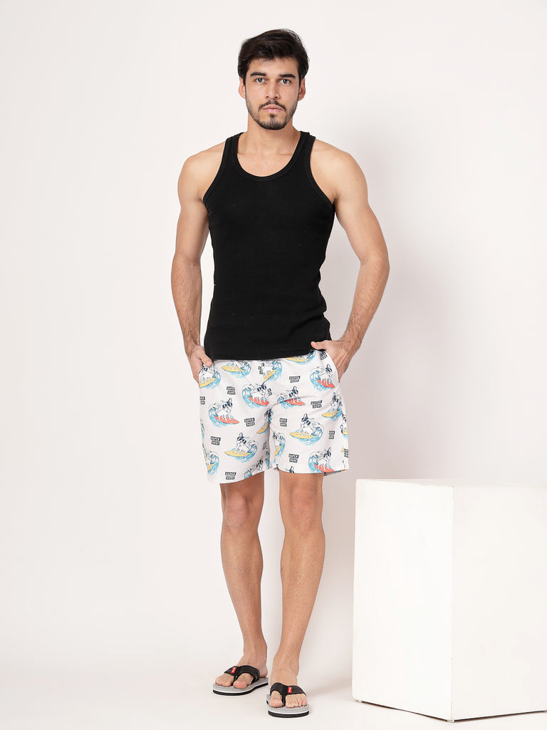 Style Quotient Men Off White And Multi Conversational Print Polyester Regular Swim Shorts-Men's swimwear-StyleQuotient