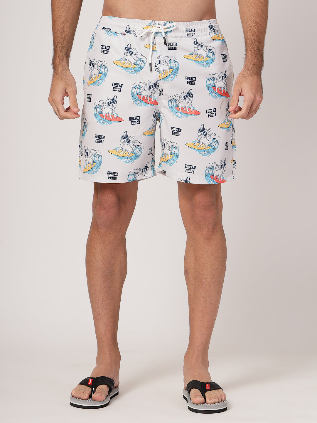 Style Quotient Men Off White And Multi Conversational Print Polyester Regular Swim Shorts