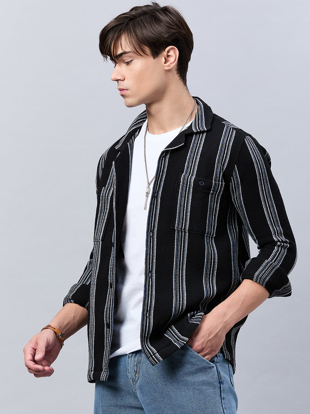 Style Quotient Mens Black Stripe solid Shirt-Mens Shirt-StyleQuotient