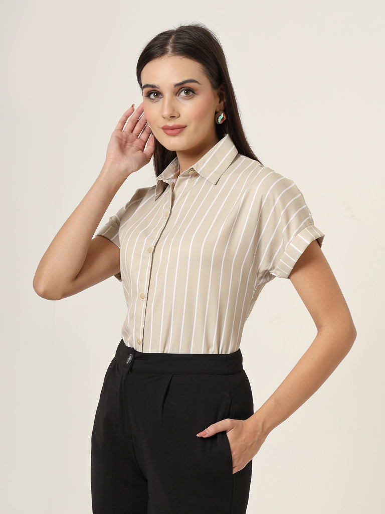 Style Quotient Women Beige And White Stripe Printed Polyester Regular Fit Formal Shirt-Shirts-StyleQuotient