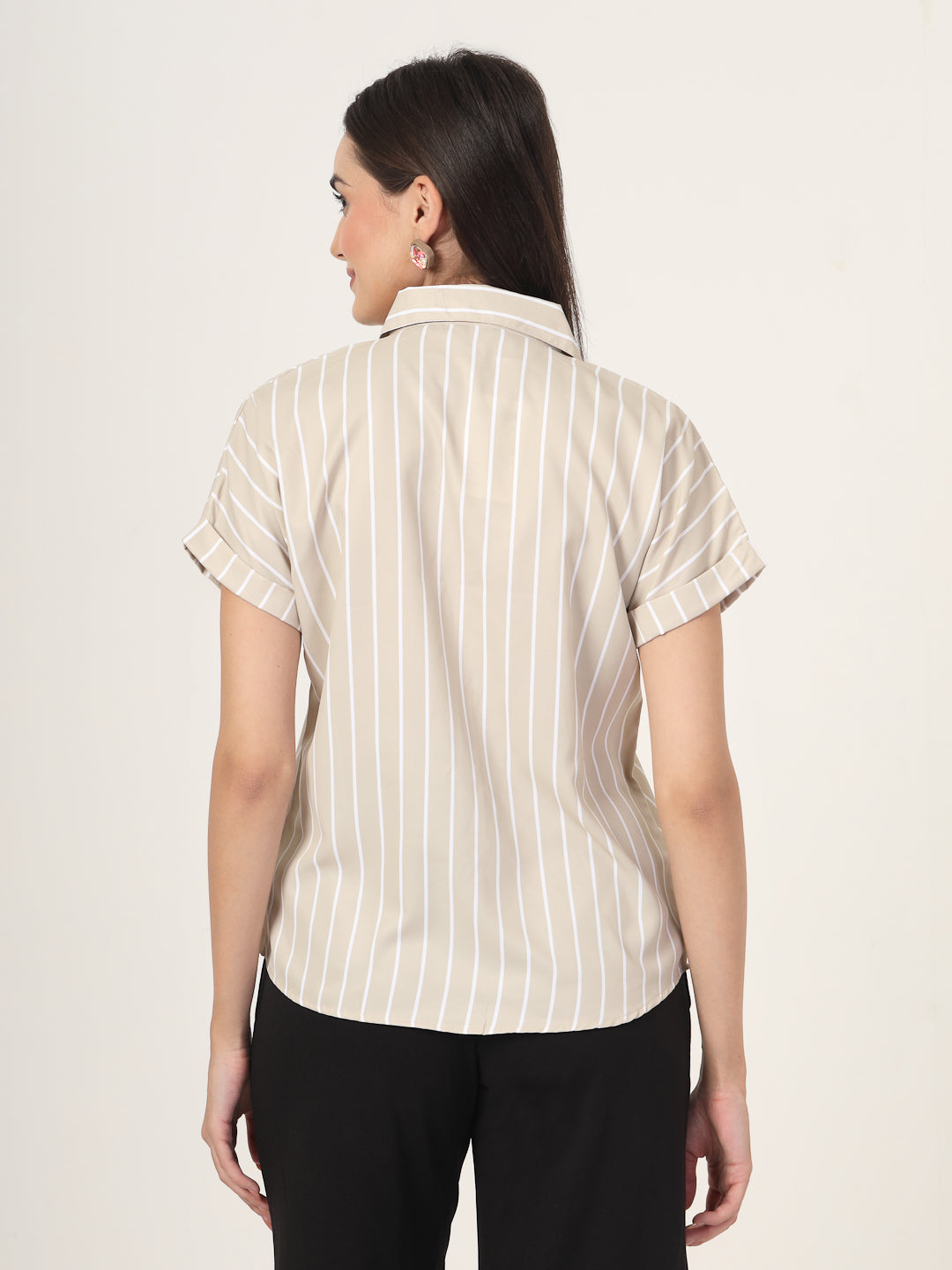 Style Quotient Women Beige And White Stripe Printed Polyester Regular Fit Formal Shirt-Shirts-StyleQuotient