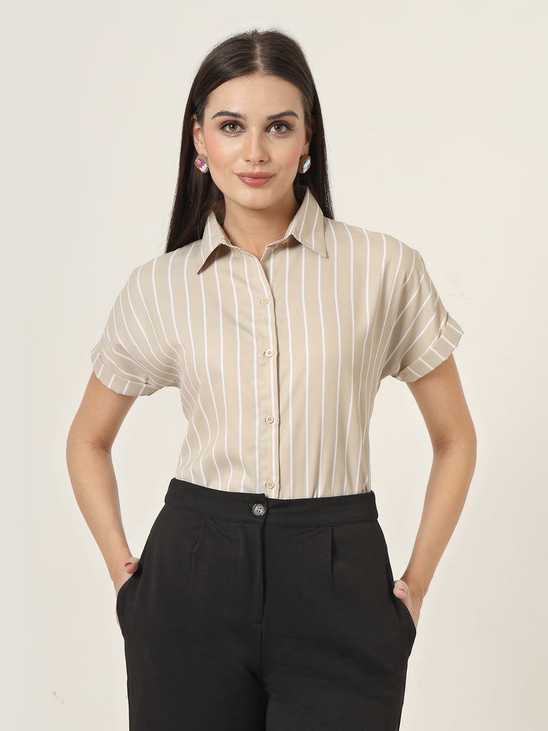 Style Quotient Women Beige And White Stripe Printed Polyester Regular Fit Formal Shirt-Shirts-StyleQuotient