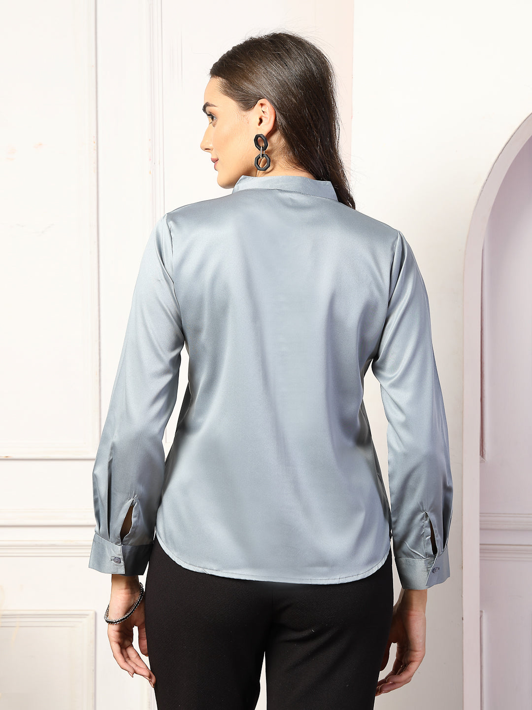 Style Quotient women Solid Satin Band Collar with Full Sleeve Top-Tops-StyleQuotient