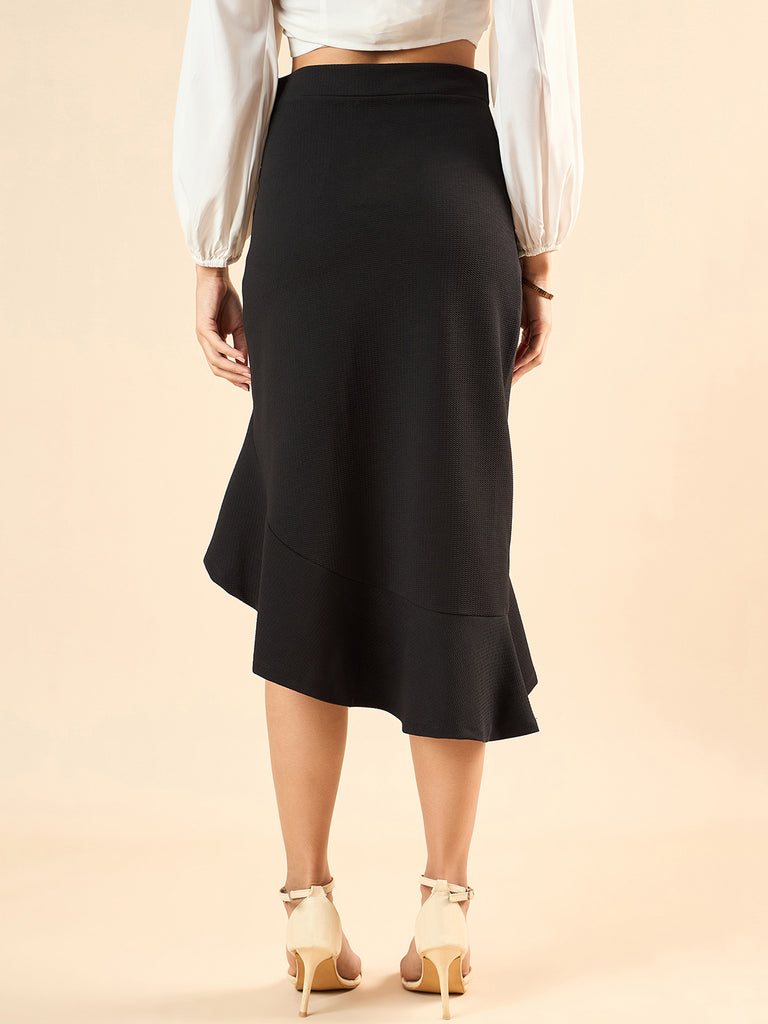 Style Quotient Women Solid Black Polyknit Regular Fit Smart Casual Asymmetric Skirt-Skirts-StyleQuotient