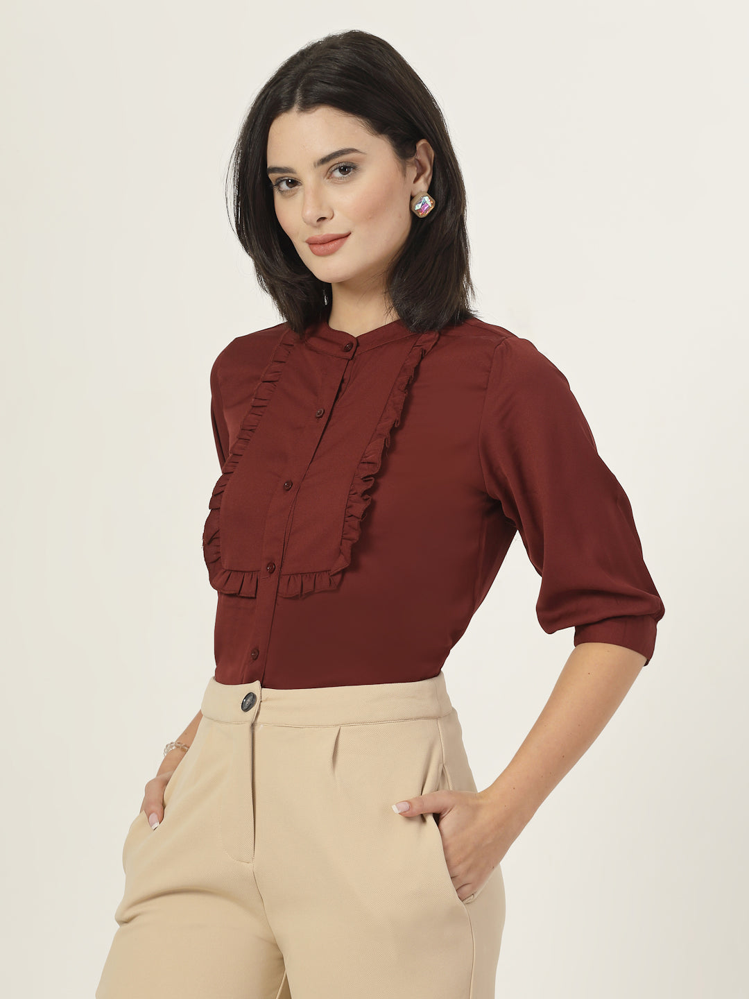 Style Quotient Women Solid White Polymoss Regular Fit Smart Casual Lace Insert Top-Tops-StyleQuotient