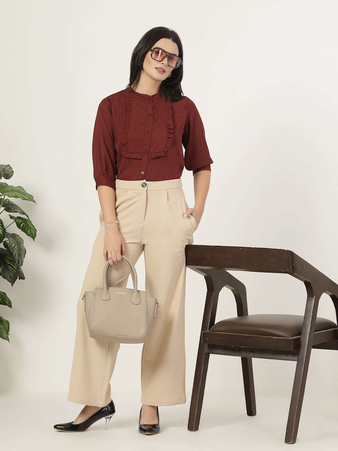 Style Quotient Women Solid White Polymoss Regular Fit Smart Casual Lace Insert Top-Tops-StyleQuotient