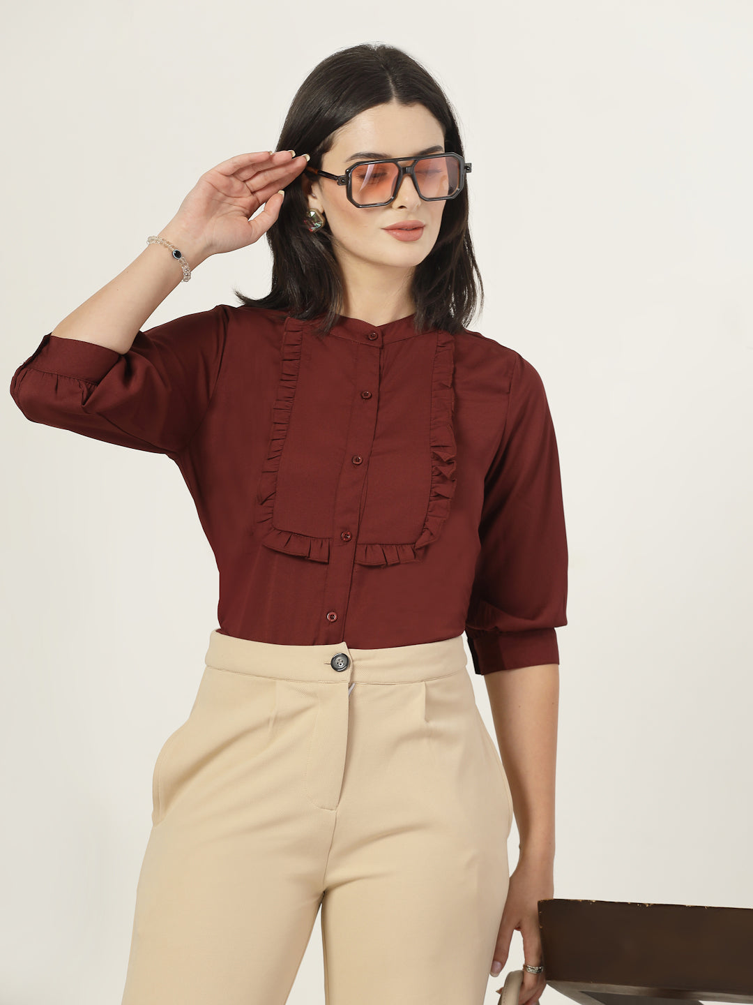 Style Quotient Women Solid White Polymoss Regular Fit Smart Casual Lace Insert Top-Tops-StyleQuotient