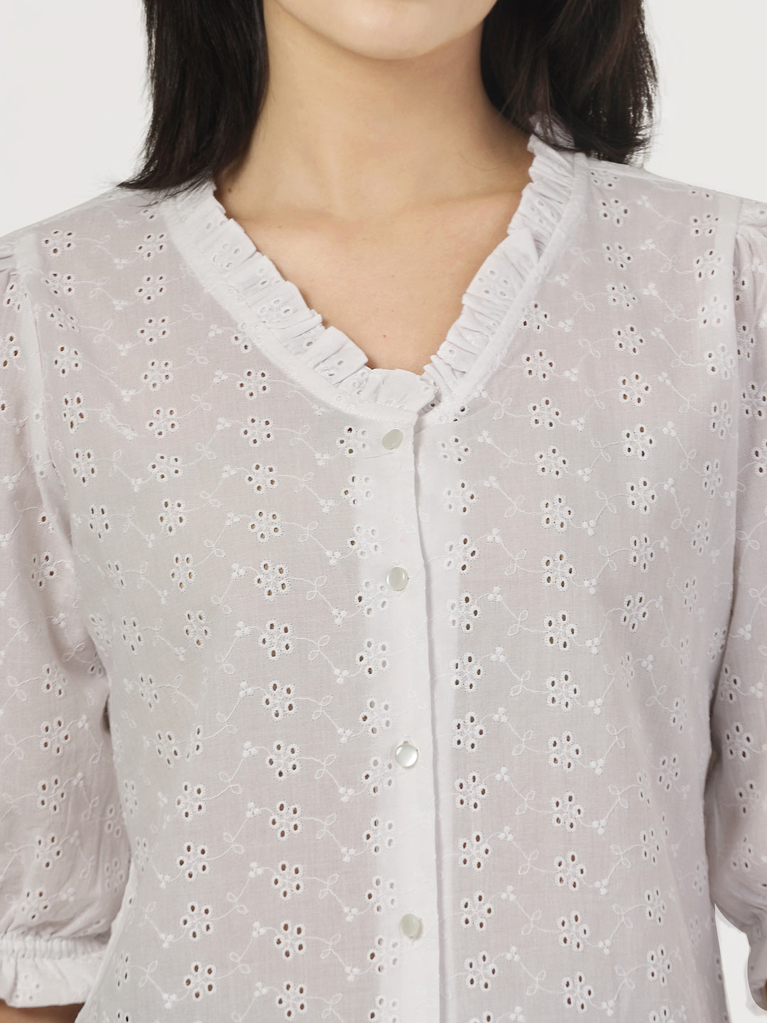 Style Quotient Women White Textured White Frill Shirt-Shirts-StyleQuotient