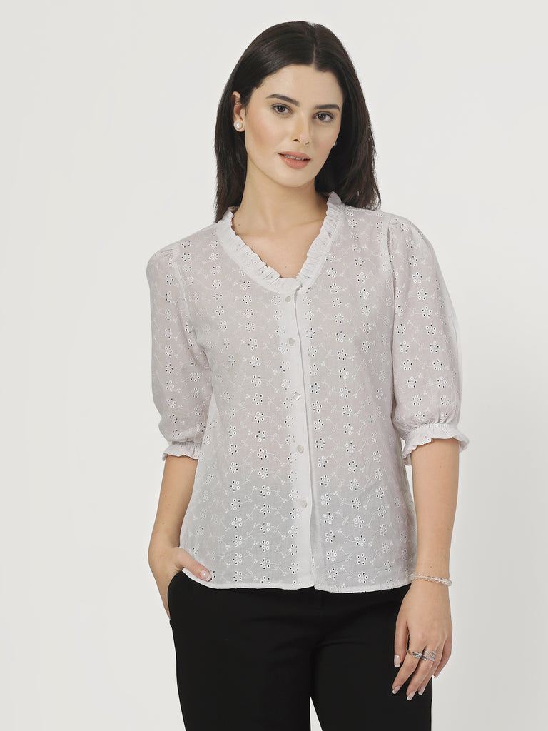 Style Quotient Women White Textured White Frill Shirt-Shirts-StyleQuotient