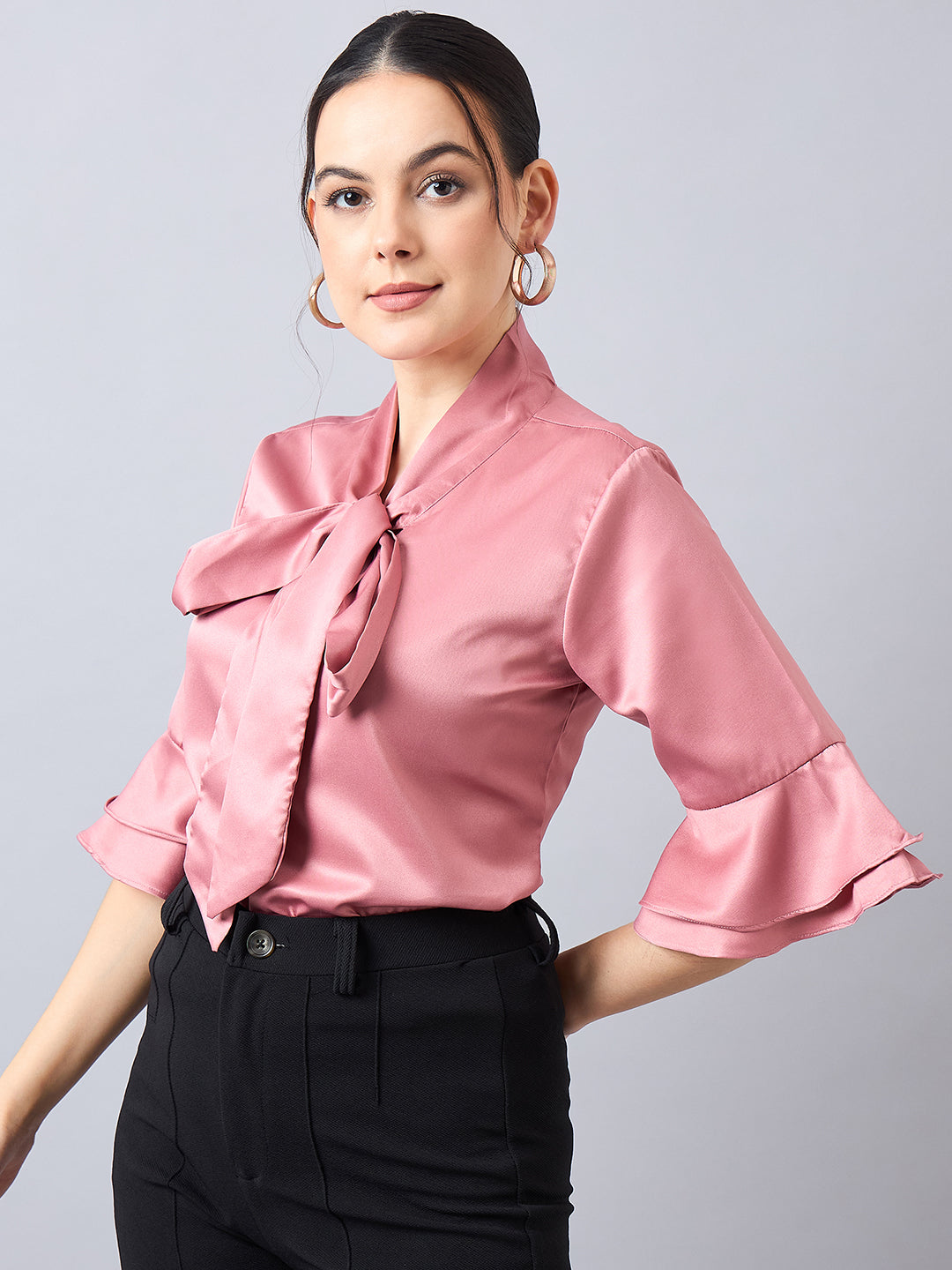 Style Quotient Women Tie-Up with Bell Sleeves Satin Top-Tops-StyleQuotient