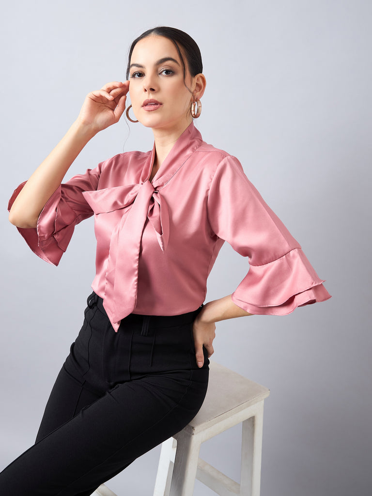 Style Quotient Women Tie-Up with Bell Sleeves Satin Top-Tops-StyleQuotient