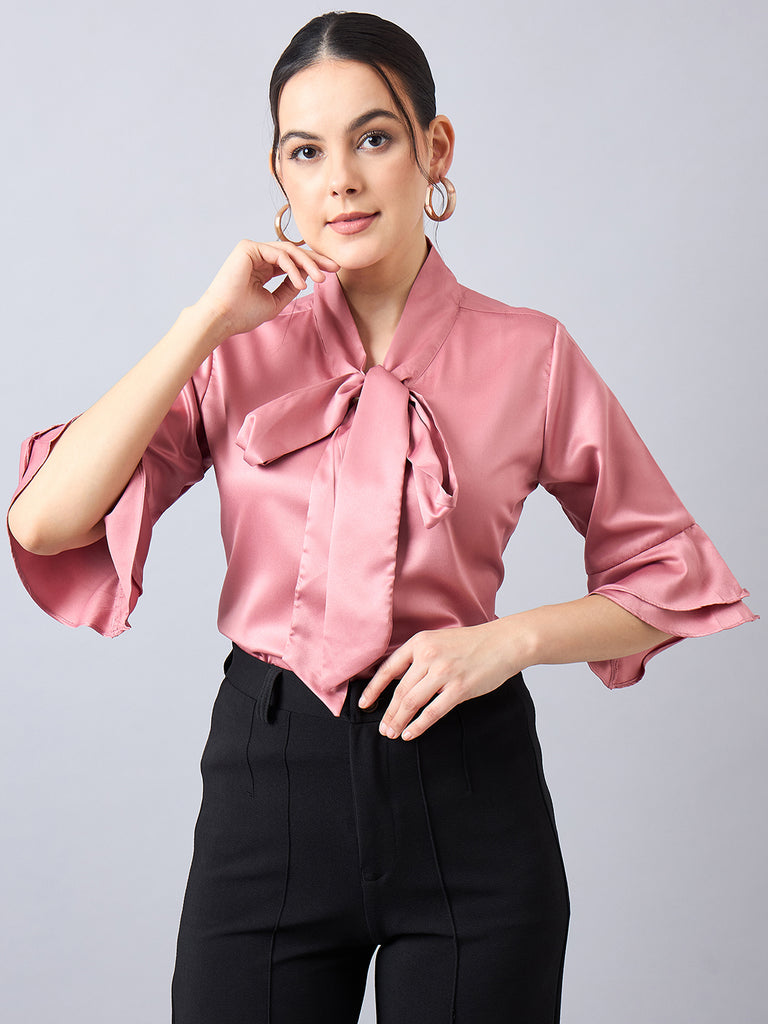 Style Quotient Women Tie-Up with Bell Sleeves Satin Top-Tops-StyleQuotient