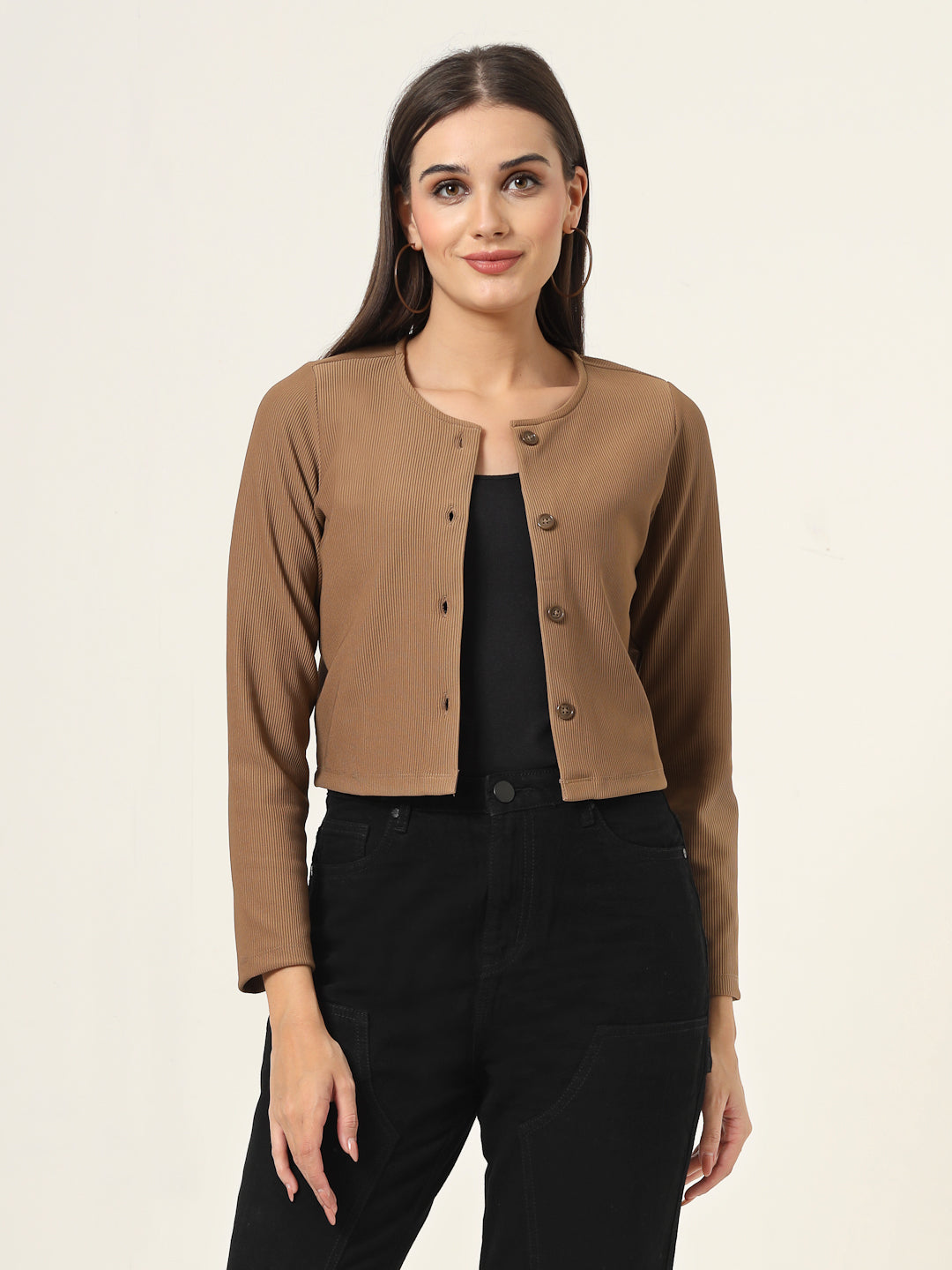 Style Quotient Women Tan Solid Rib Regular Fit Shrug-Shrug-StyleQuotient