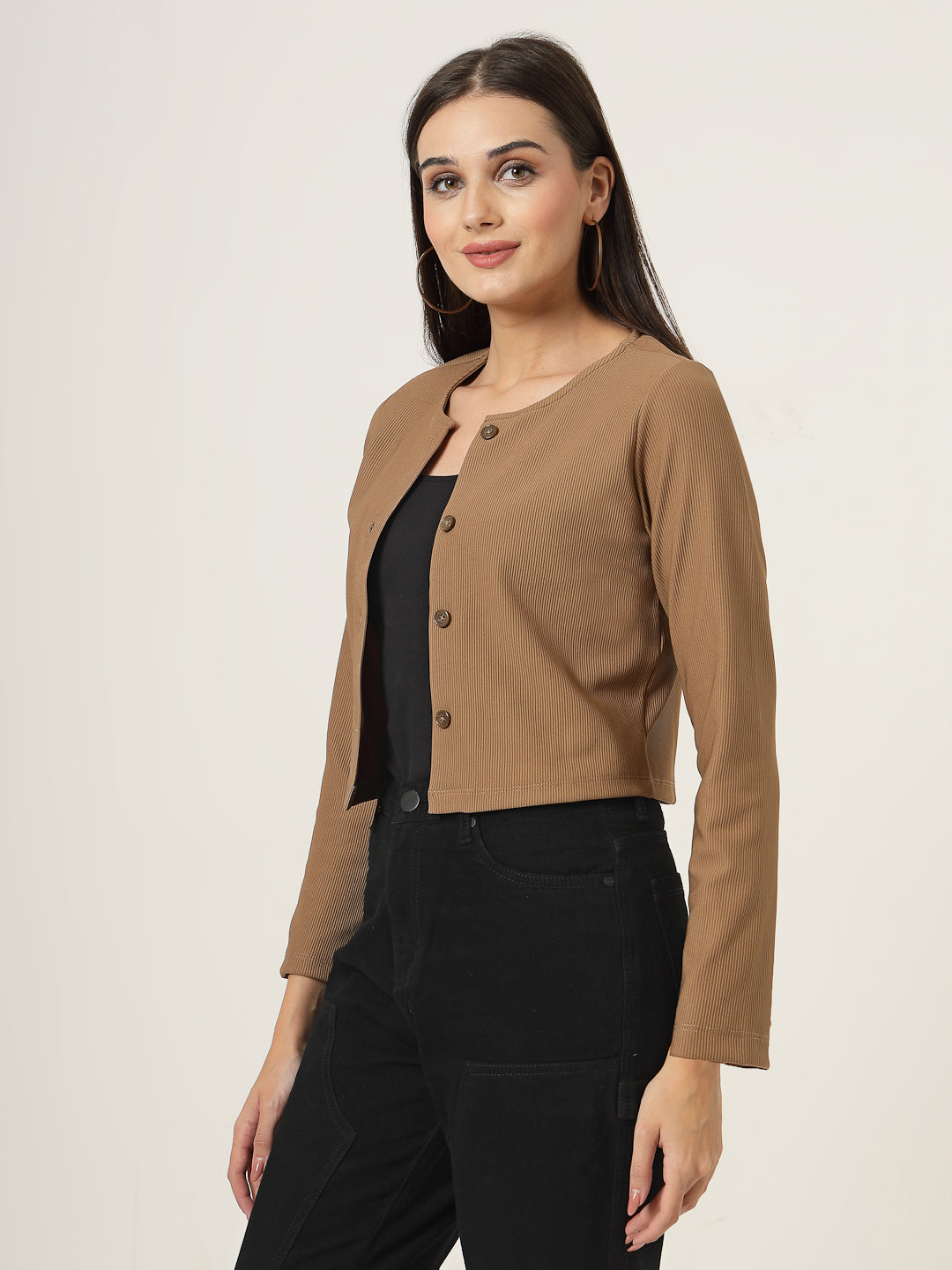 Style Quotient Women Tan Solid Rib Regular Fit Shrug-Shrug-StyleQuotient