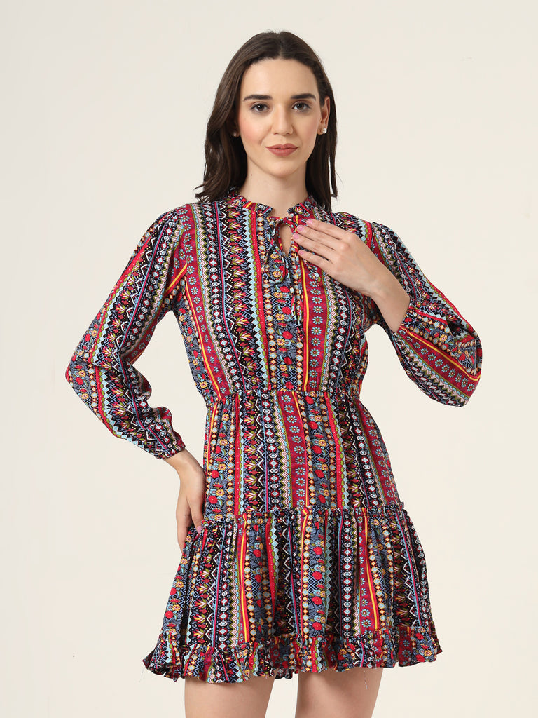 Style Quotient Women Multi Floral Printed Smart Casual Blouson Mini Dress-Dresses-StyleQuotient