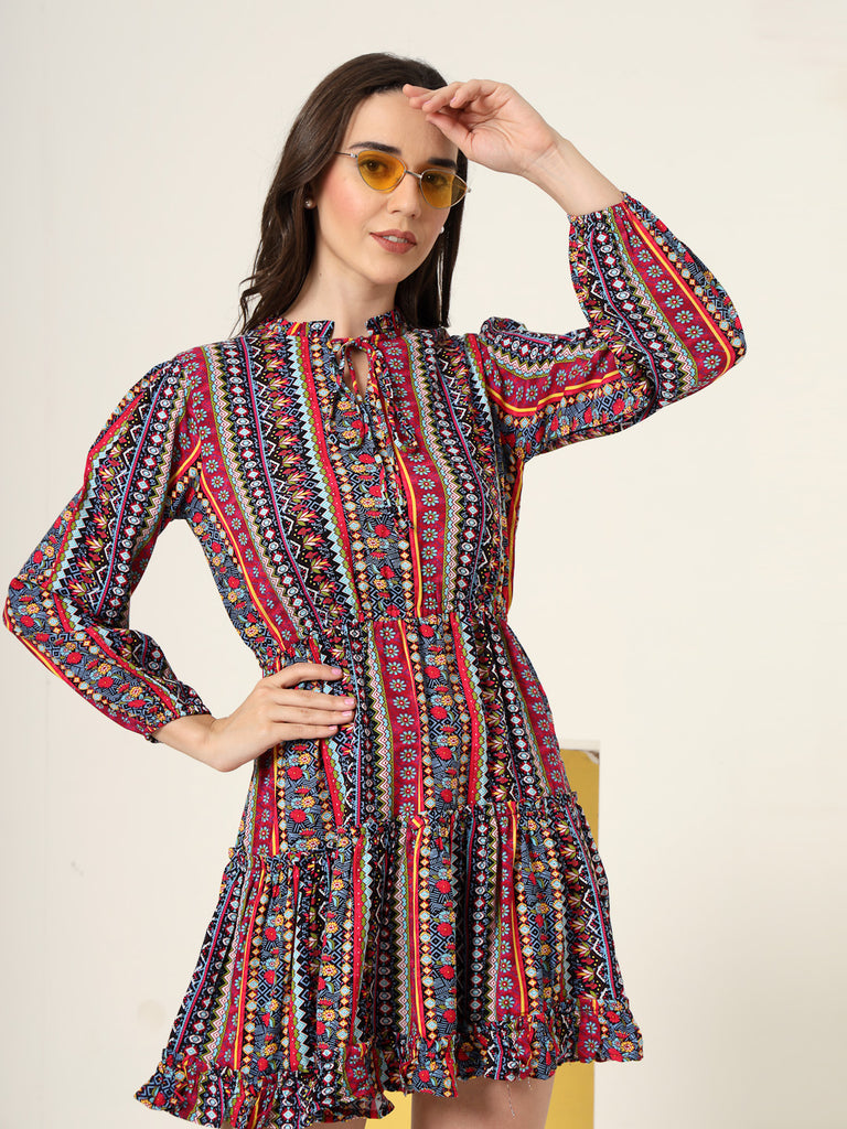 Style Quotient Women Multi Floral Printed Smart Casual Blouson Mini Dress-Dresses-StyleQuotient