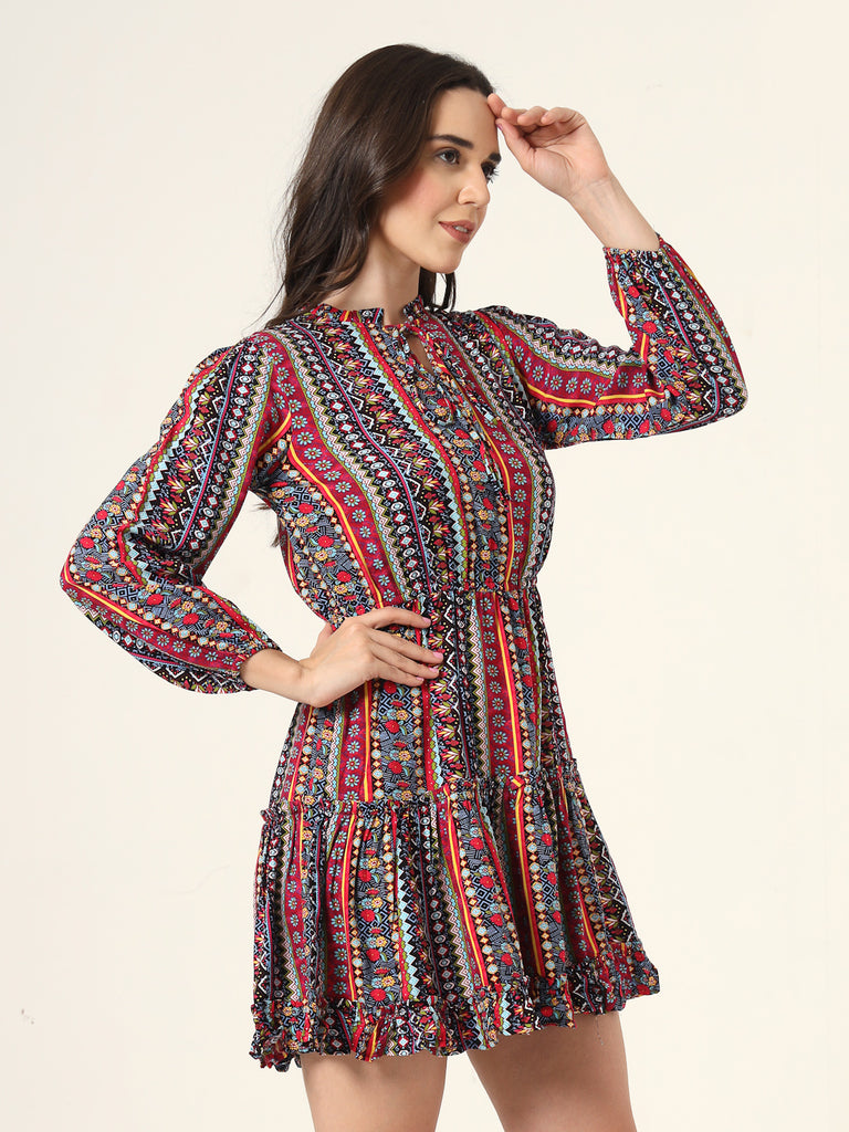 Style Quotient Women Multi Floral Printed Smart Casual Blouson Mini Dress-Dresses-StyleQuotient