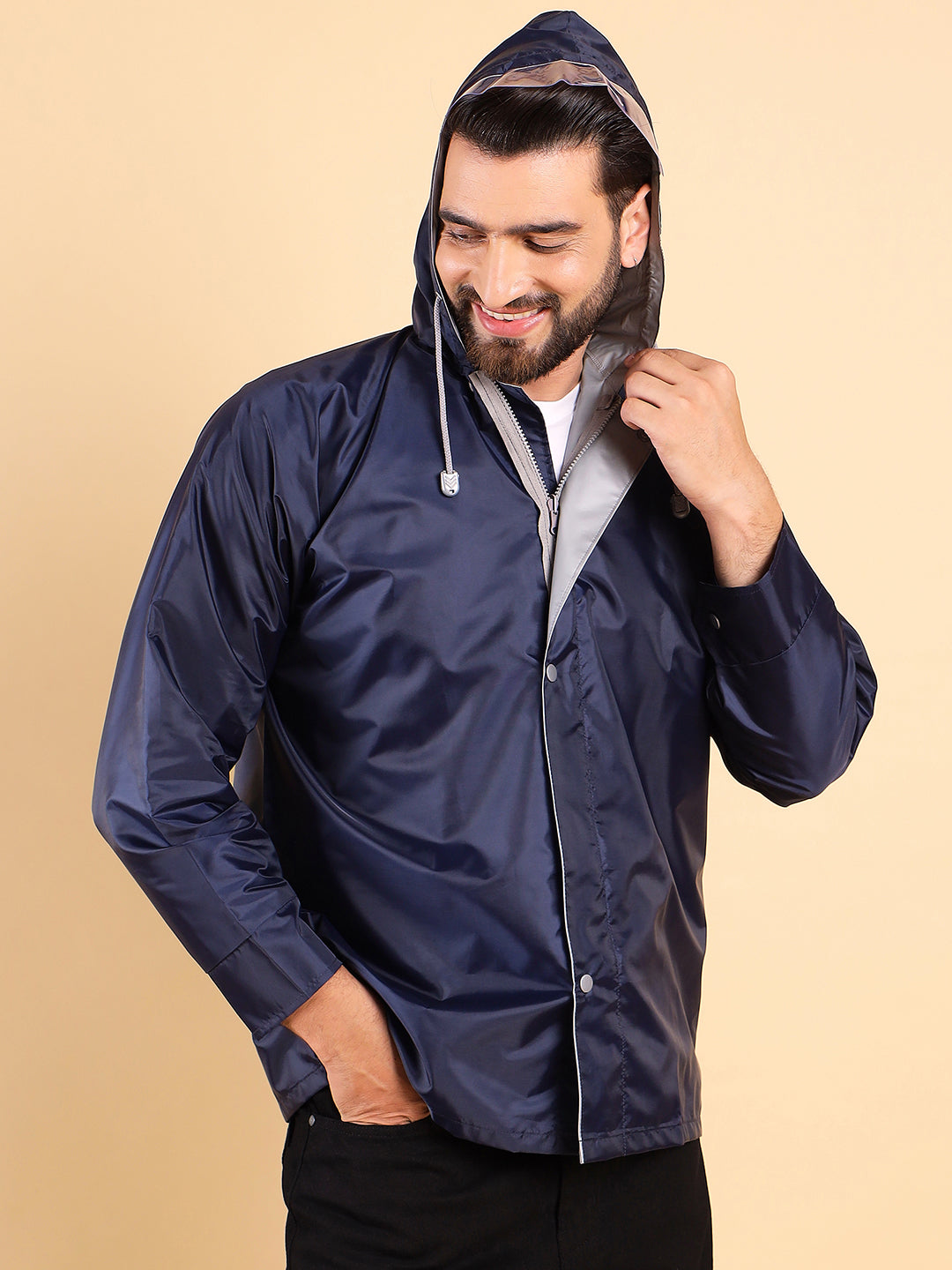 Style Quotient Men Reversible Solid Navy Nylon Rain Jacket-Rain Jacket-StyleQuotient