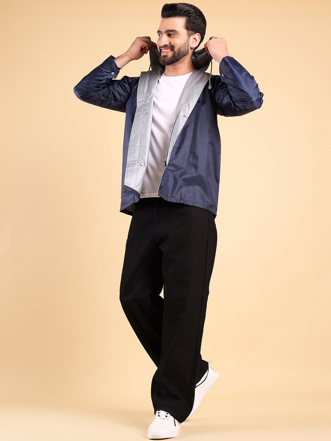 Style Quotient Men Reversible Solid Navy Nylon Rain Jacket-Rain Jacket-StyleQuotient