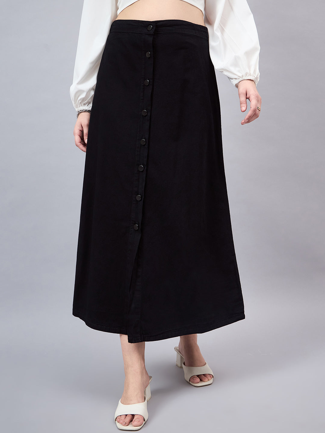 Style Quotient Women Black A-Line Maxi Denim Skirt-Skirts-StyleQuotient