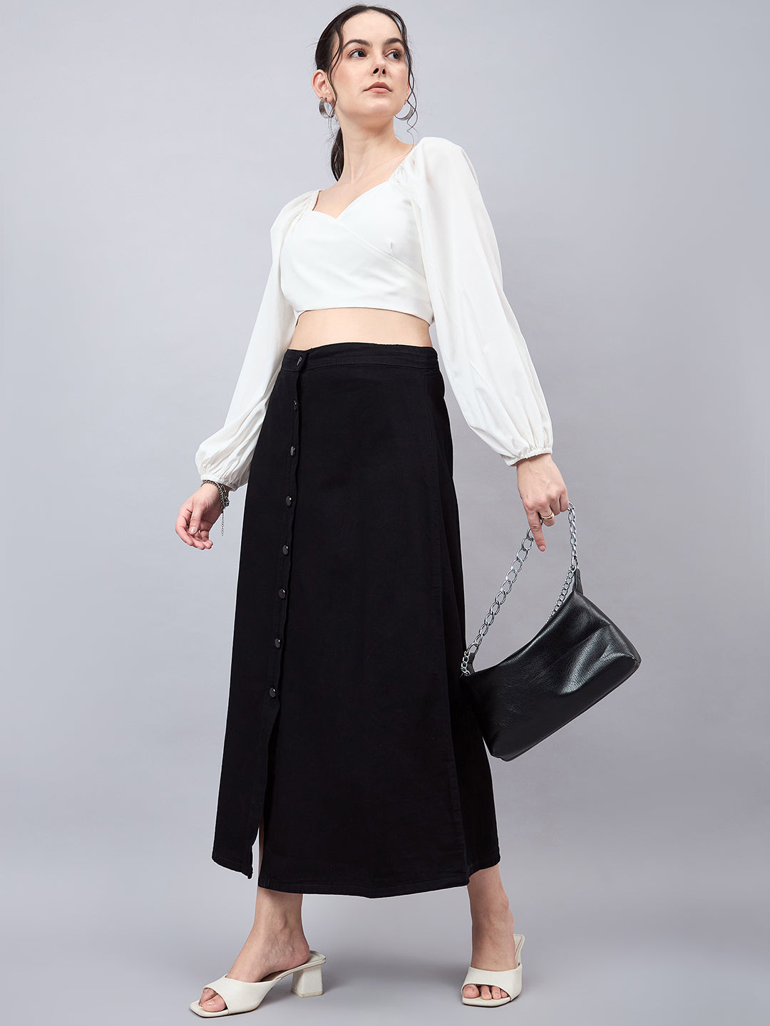 Style Quotient Women Black A-Line Maxi Denim Skirt-Skirts-StyleQuotient