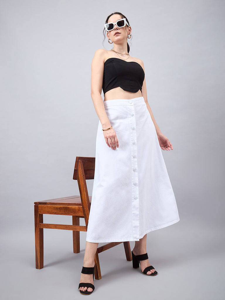 Style Quotient Women White A-Line Maxi Denim Skirt-Skirts-StyleQuotient