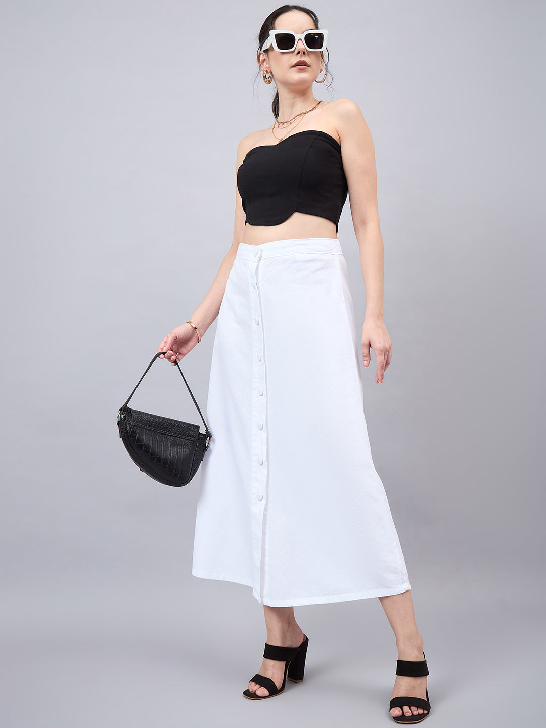 Style Quotient Women White A-Line Maxi Denim Skirt-Skirts-StyleQuotient