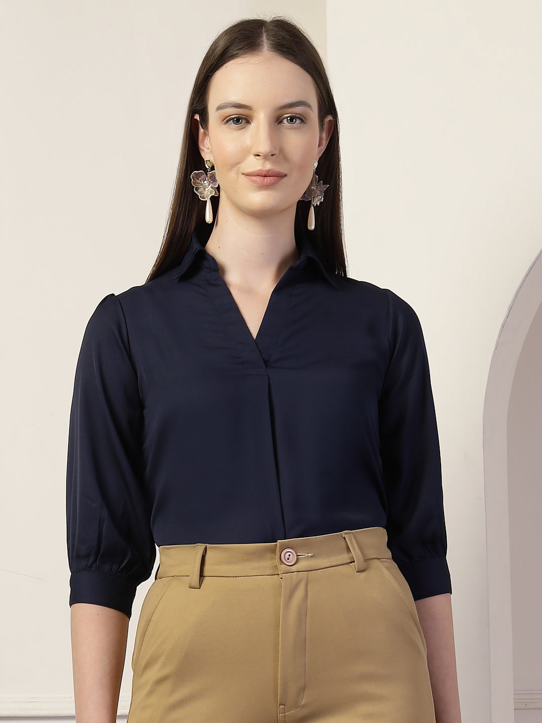 Style Quotient Women Navy Formal Top-Tops-StyleQuotient