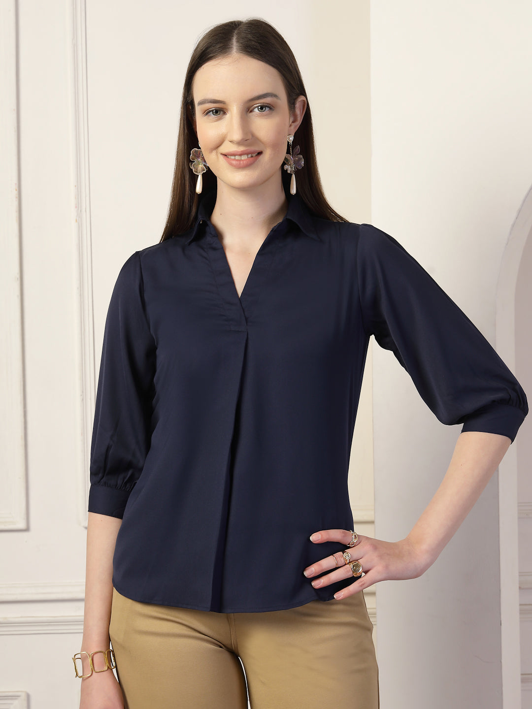 Style Quotient Women Navy Formal Top-Tops-StyleQuotient