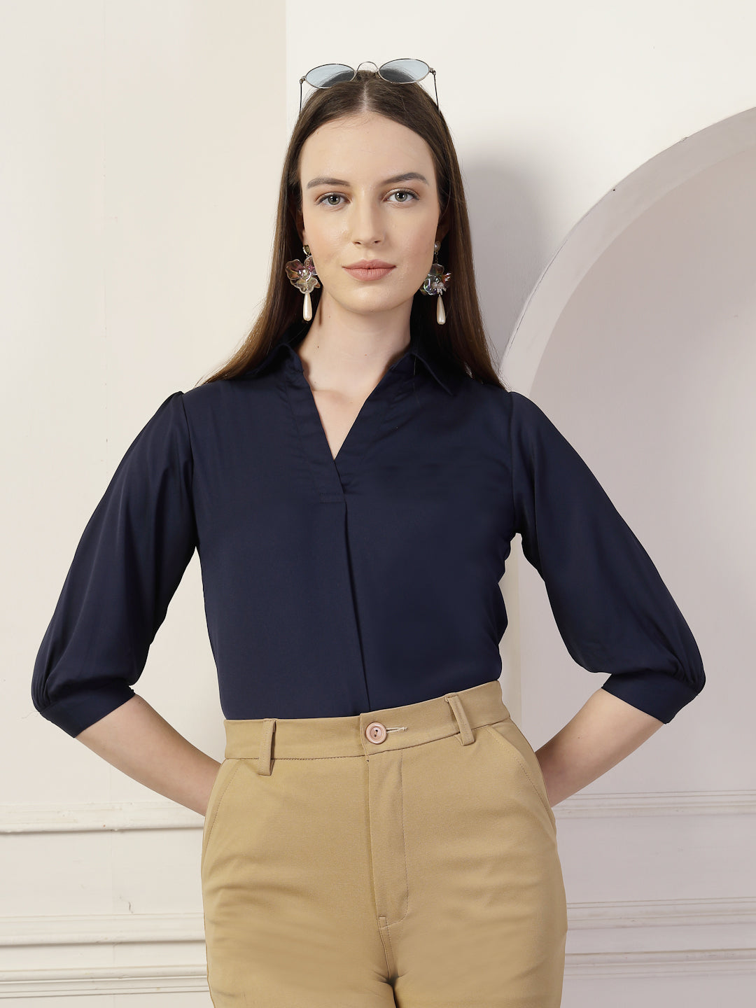 Style Quotient Women Navy Formal Top-Tops-StyleQuotient