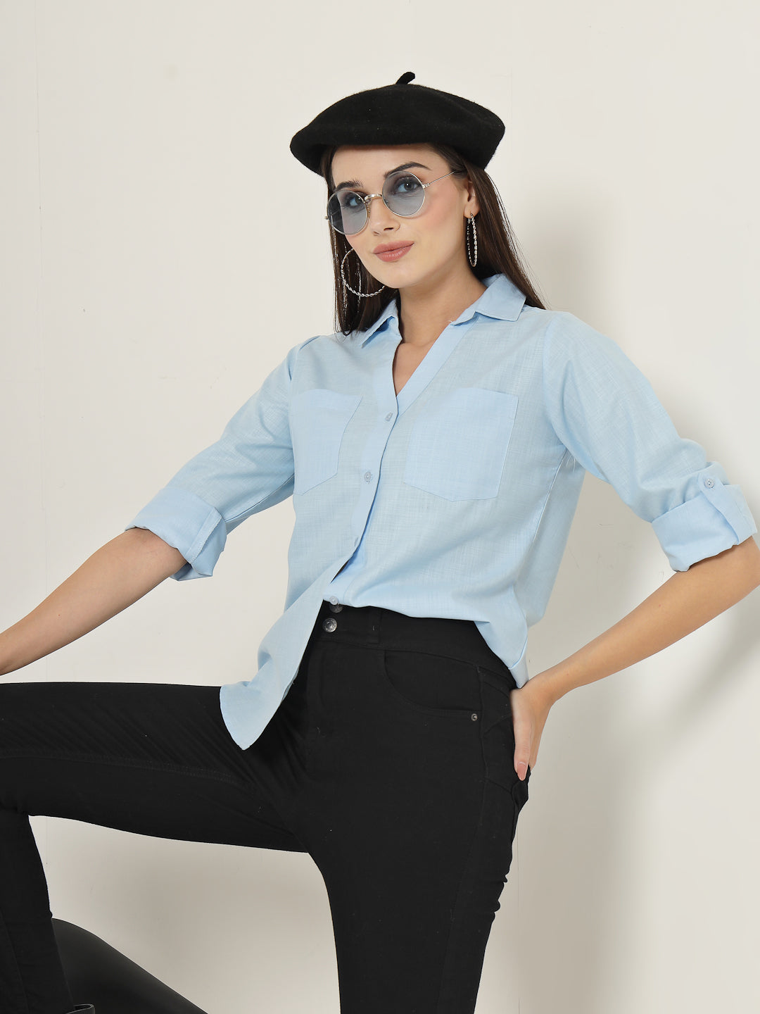 Style Quotient Women Blue Solid Double Pocket Shirt-Shirts-StyleQuotient