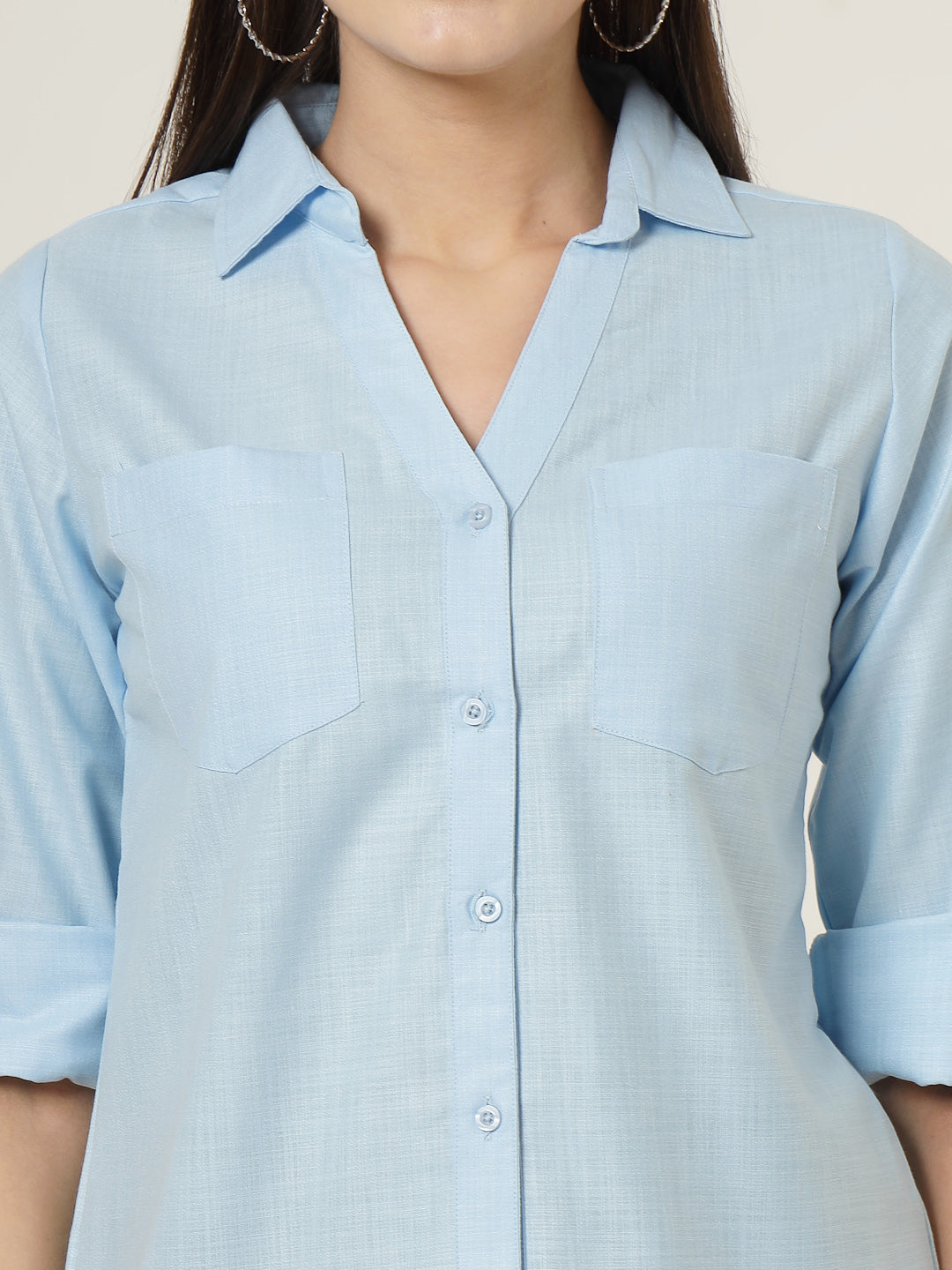 Style Quotient Women Blue Solid Double Pocket Shirt-Shirts-StyleQuotient