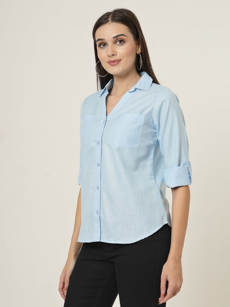 Style Quotient Women Blue Solid Double Pocket Shirt-Shirts-StyleQuotient