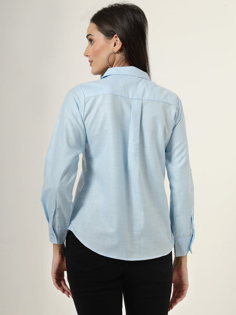 Style Quotient Women Blue Solid Double Pocket Shirt-Shirts-StyleQuotient