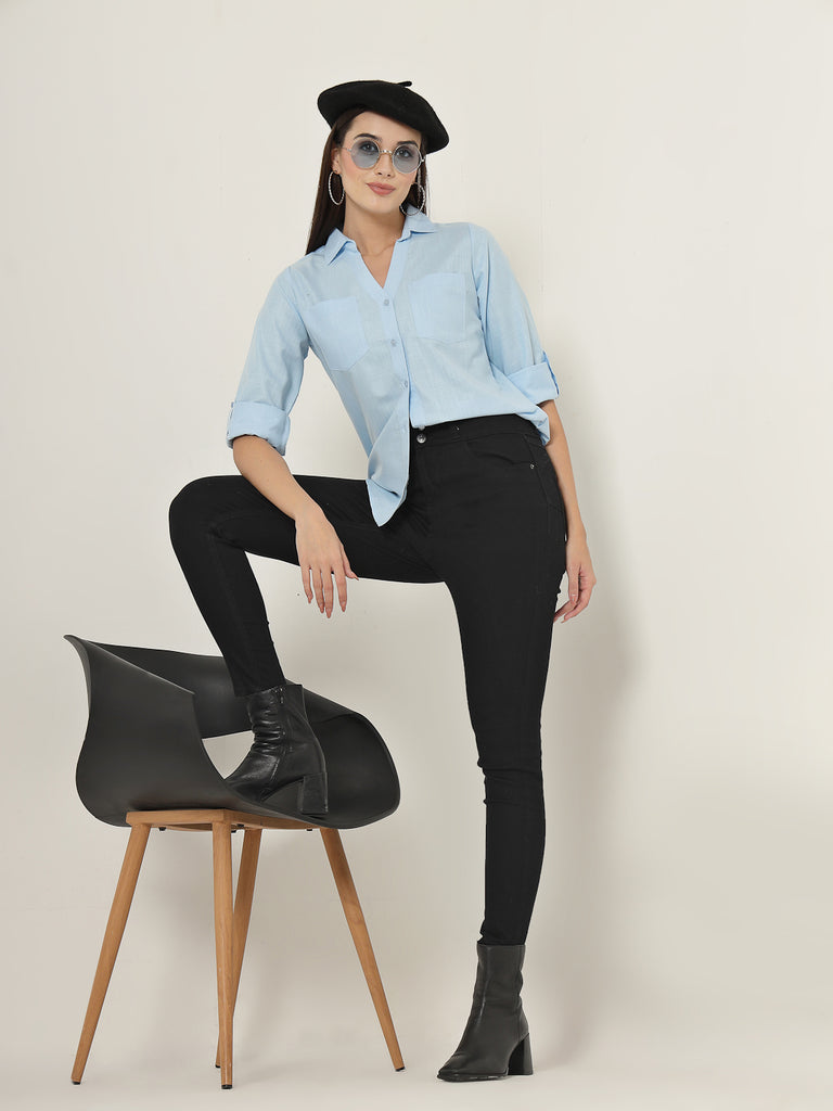 Style Quotient Women Blue Solid Double Pocket Shirt-Shirts-StyleQuotient