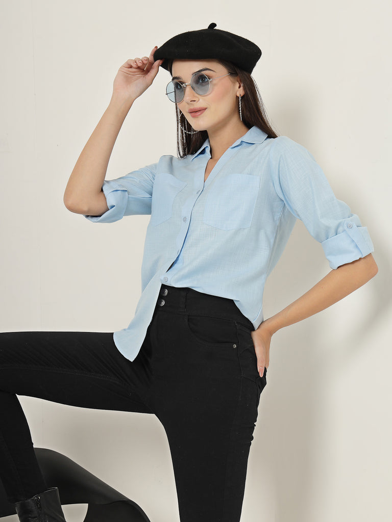 Style Quotient Women Blue Solid Double Pocket Shirt-Shirts-StyleQuotient