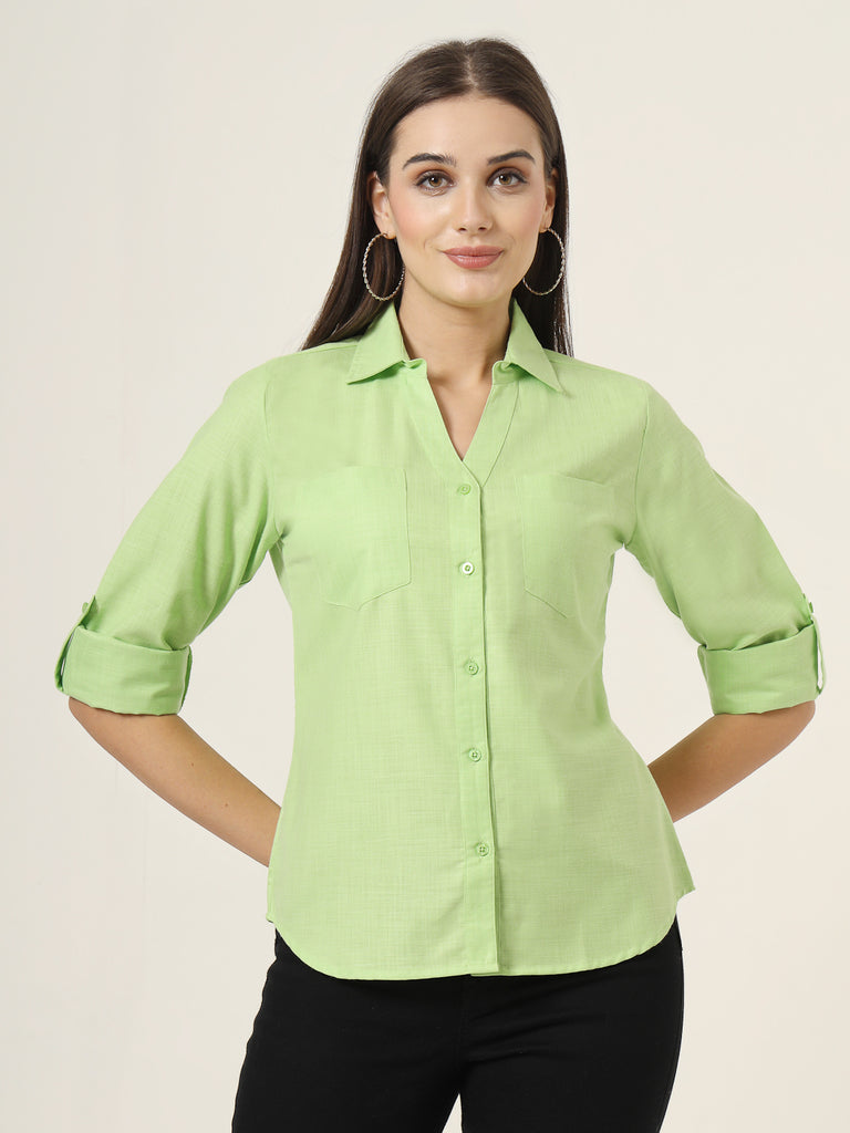Style Quotient Women Green Solid Double Pocket Shirt-Shirts-StyleQuotient
