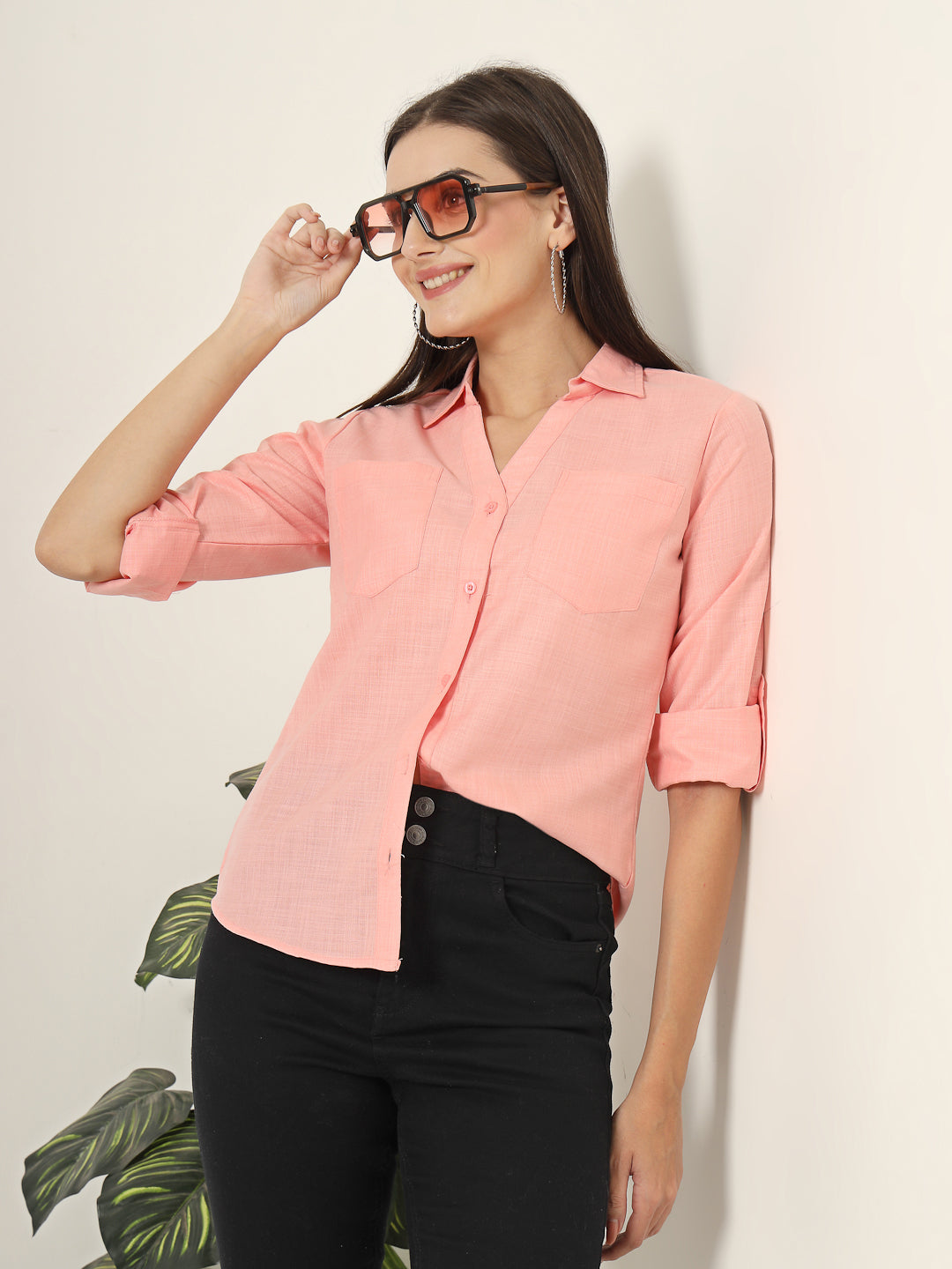 Style Quotient Women Peach Solid Double Pocket Shirt-Shirts-StyleQuotient