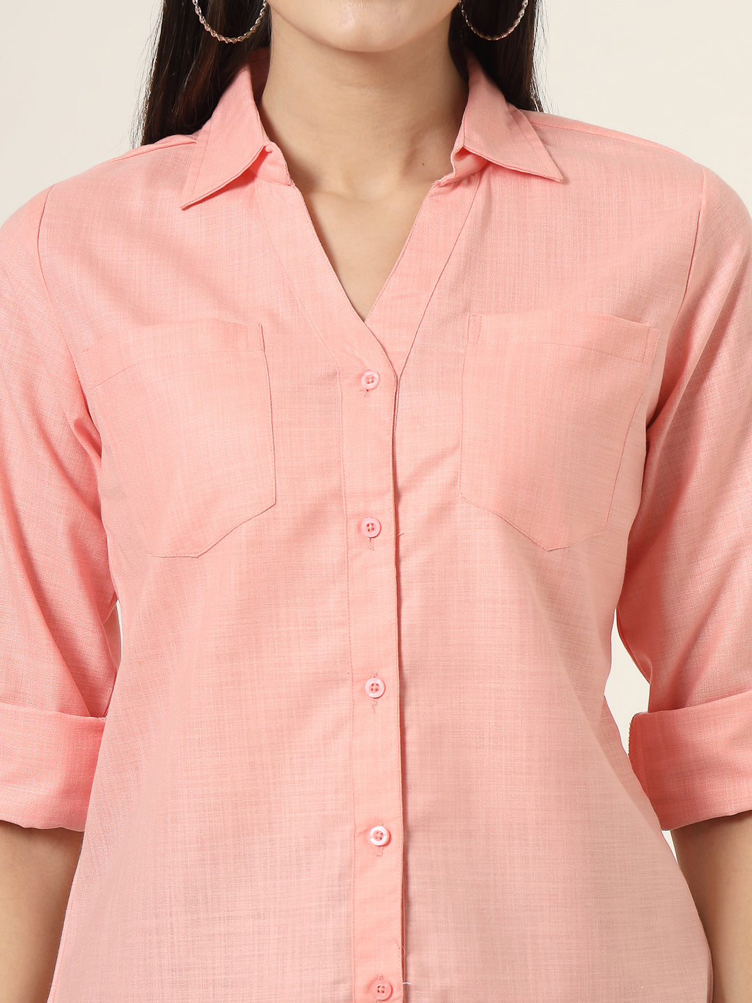 Style Quotient Women Peach Solid Double Pocket Shirt-Shirts-StyleQuotient